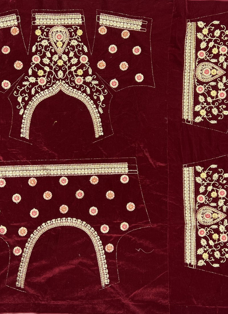 Multi Patterns Work with different patch embroidered Maroon Lehengacholi