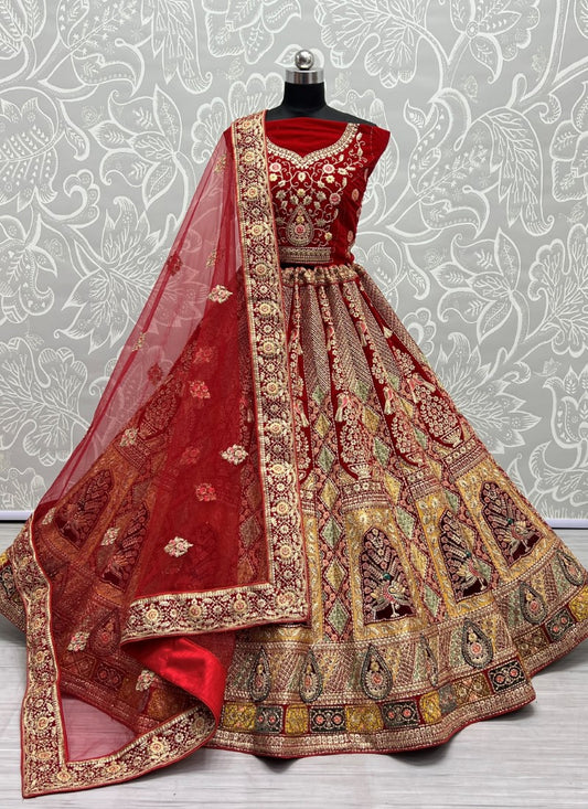 Multi Patterns Work with different patch embroidered Red Lehengacholi