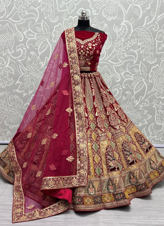 Multi Patterns Work with different patch embroidered Rani Pink Lehengacholi