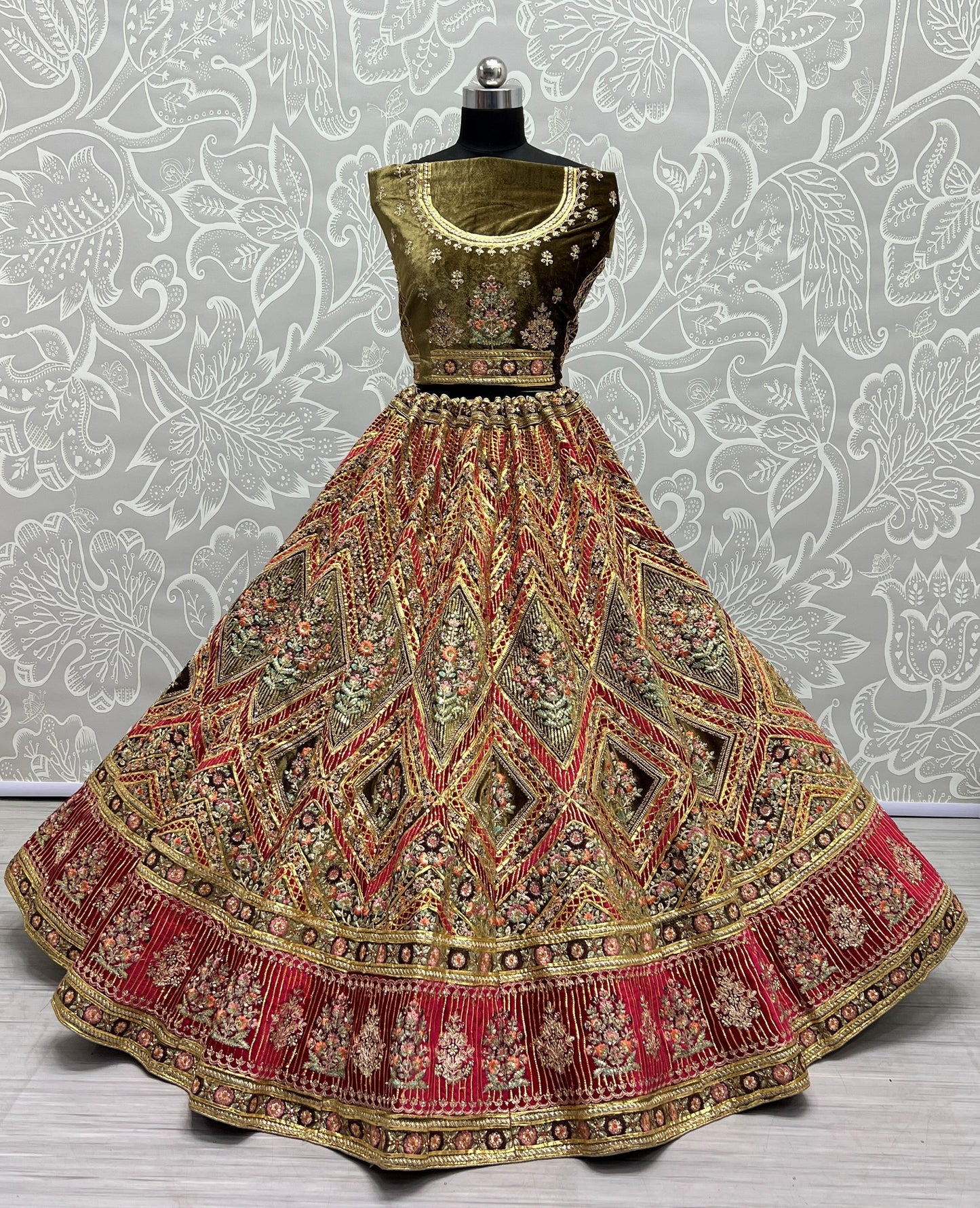 Golden Gota bordered fancy embroidered Mehendi Lehengacholi