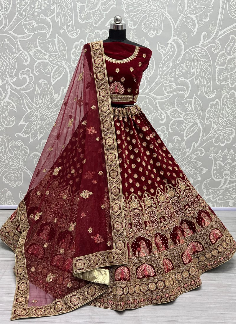 Bride Groom Embroidered Heavy Work velvet bridal Maroon Lehengacholi