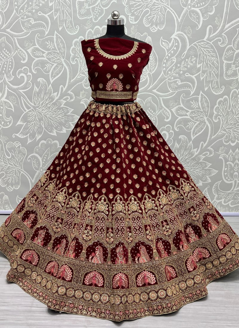 Bride Groom Embroidered Heavy Work velvet bridal Maroon Lehengacholi