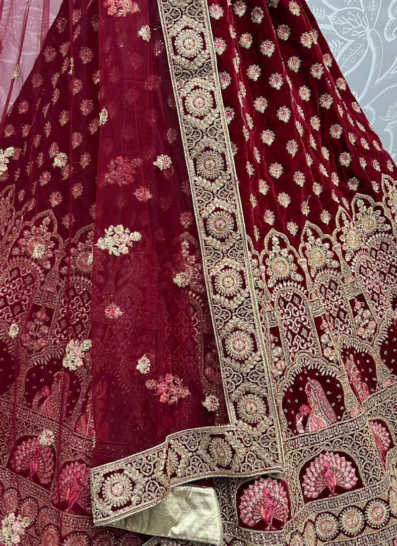 Bride Groom Embroidered Heavy Work velvet bridal Maroon Lehengacholi