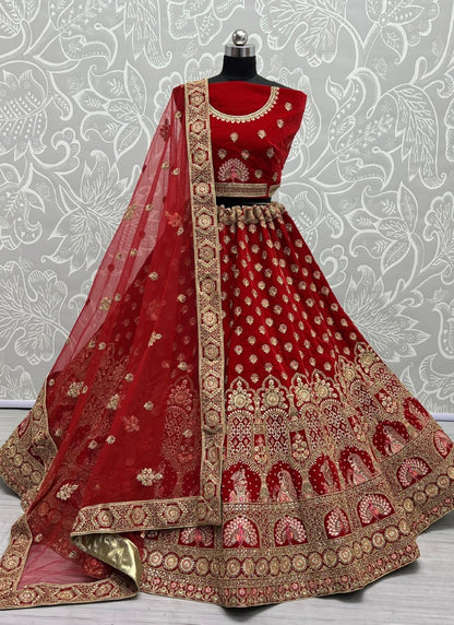 Bride Groom Embroidered Heavy Work velvet bridal Red Lehengacholi