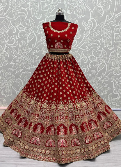 Bride Groom Embroidered Heavy Work velvet bridal Red Lehengacholi