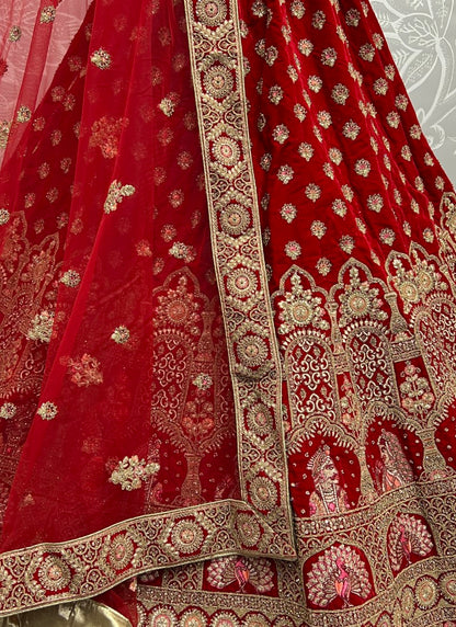 Bride Groom Embroidered Heavy Work velvet bridal Red Lehengacholi