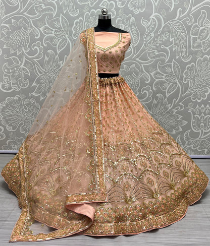 Khatali Work Designer Hand Val and Sequence embedded with Multi Thread Lehengacholi Peach