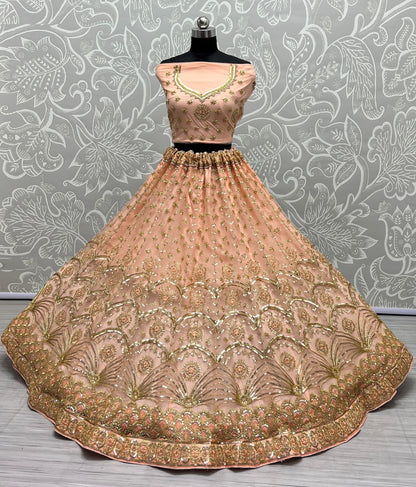 Khatali Work Designer Hand Val and Sequence embedded with Multi Thread Lehengacholi Peach