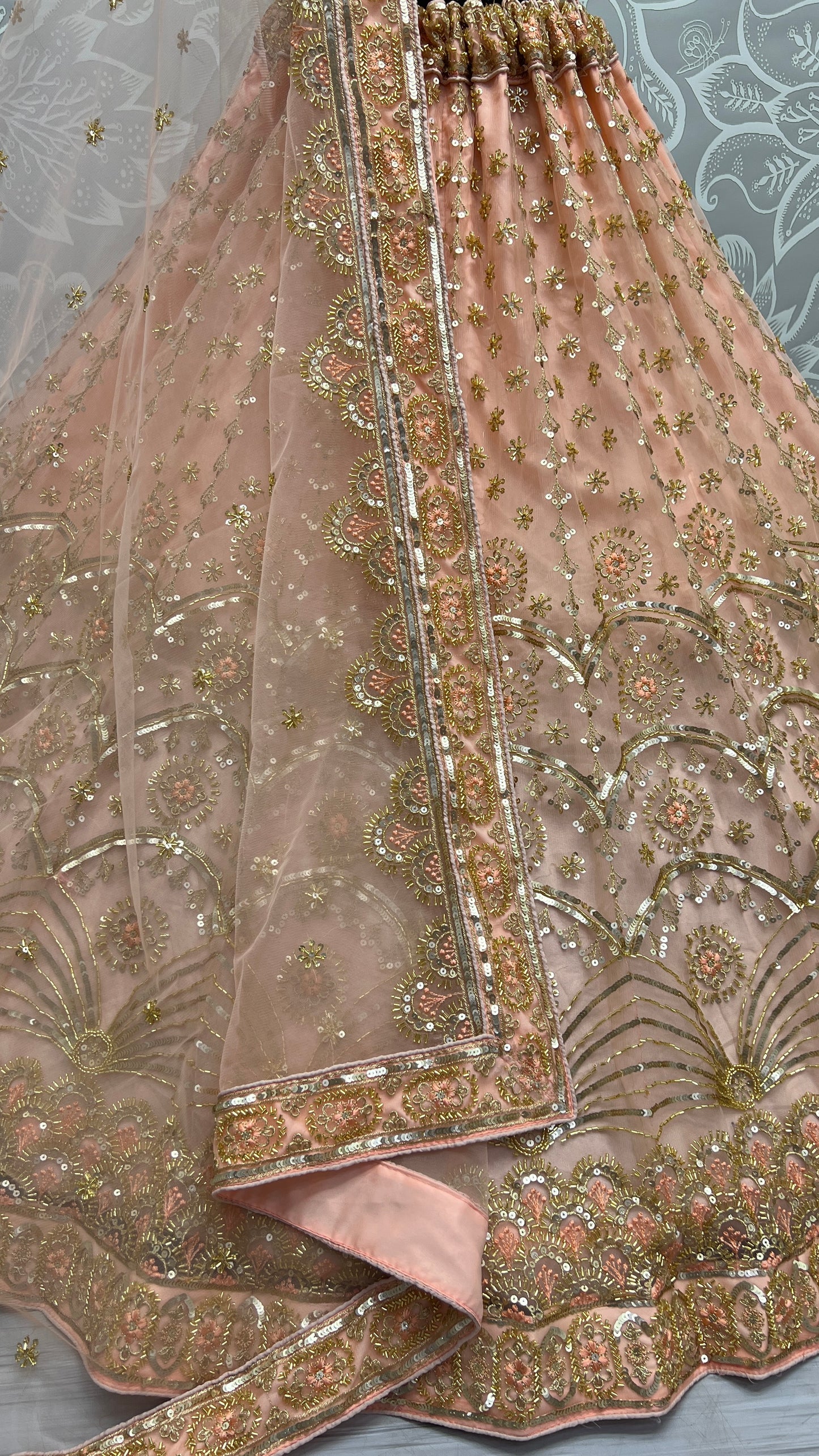 Khatali Work Designer Hand Val and Sequence embedded with Multi Thread Lehengacholi Peach