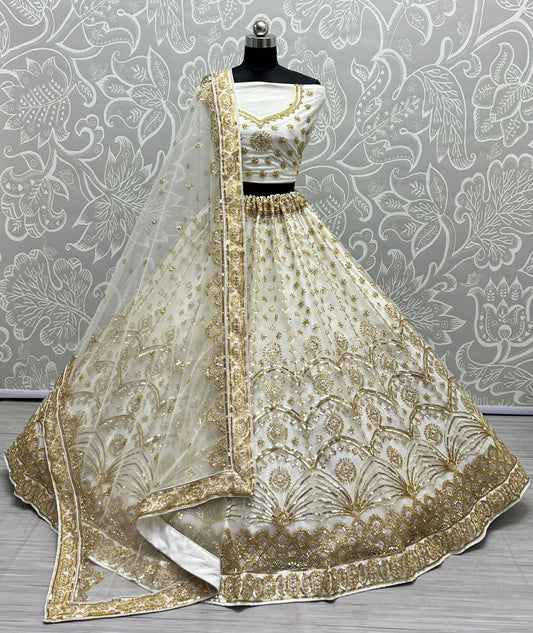 Khatali Work Designer Hand Val and Sequence embedded with Multi Thread Lehengacholi White