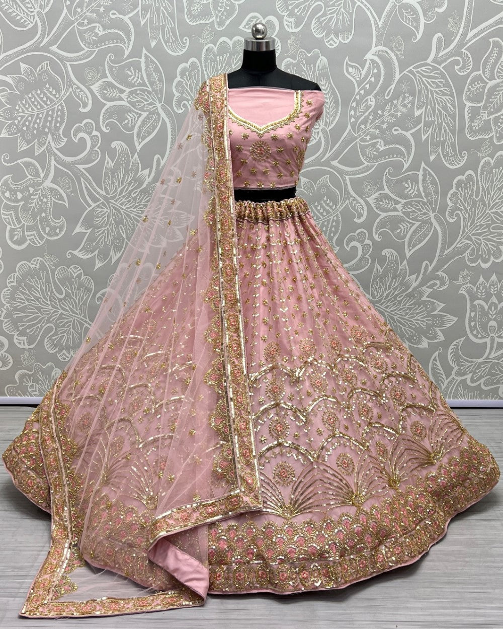 Hand Val and Sequence embedded with Multi Thread Pink Lehengacholi