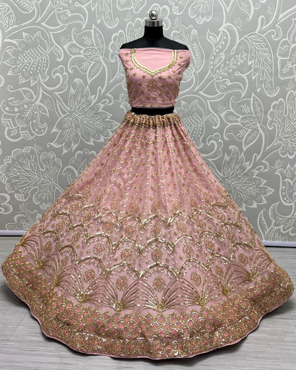 Hand Val and Sequence embedded with Multi Thread Pink Lehengacholi