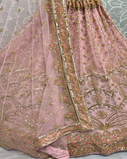 Hand Val and Sequence embedded with Multi Thread Pink Lehengacholi