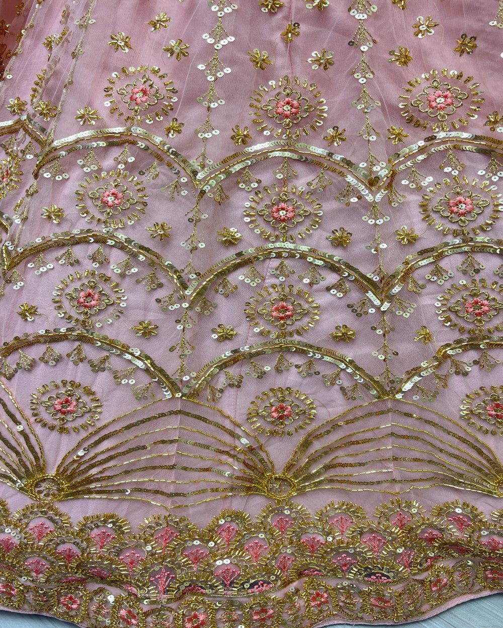 Hand Val and Sequence embedded with Multi Thread Pink Lehengacholi