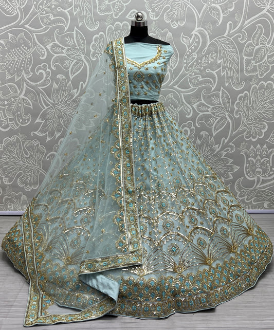 Khatali Work Designer Hand Val and Sequence embedded with Multi Thread Lehengacholi Sky