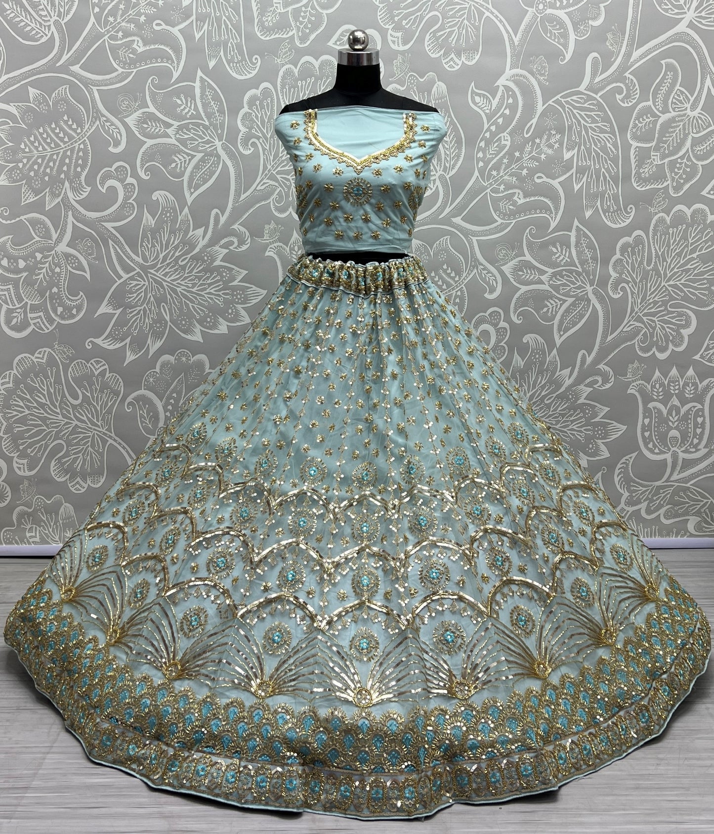 Khatali Work Designer Hand Val and Sequence embedded with Multi Thread Lehengacholi Sky