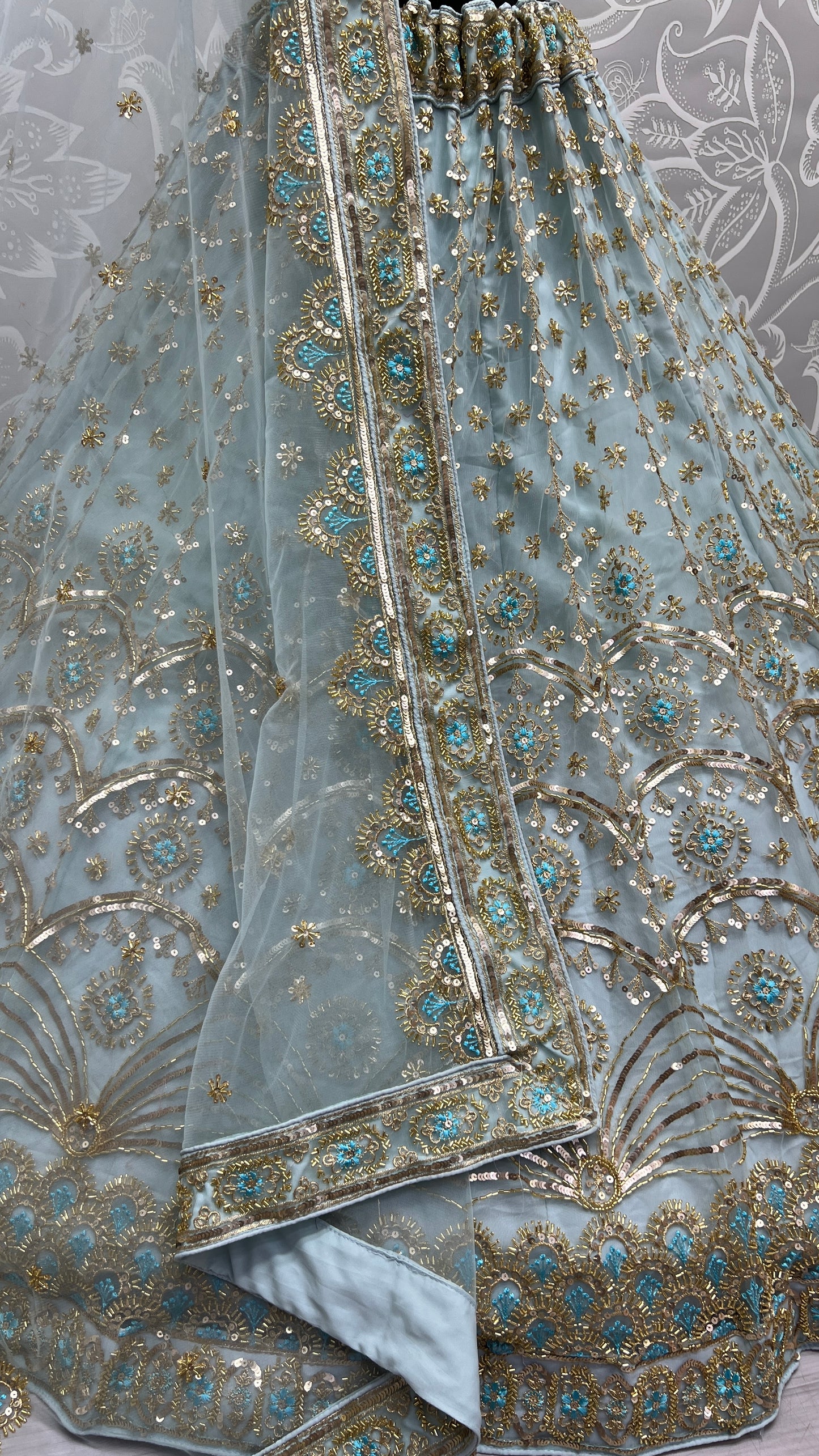 Khatali Work Designer Hand Val and Sequence embedded with Multi Thread Lehengacholi Sky