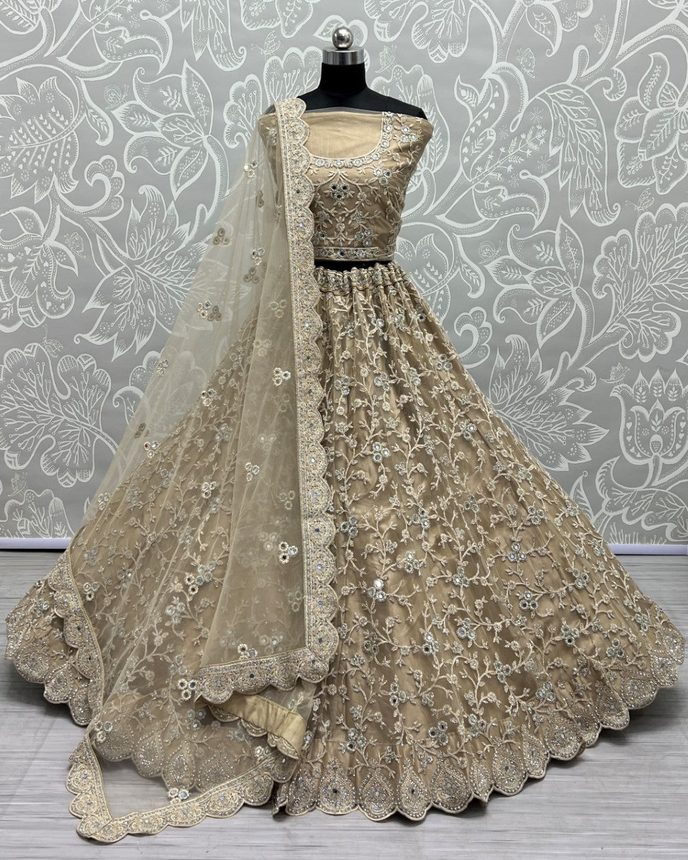 Designer Dori Embroidered Work Beige Partywear Lehengacholi