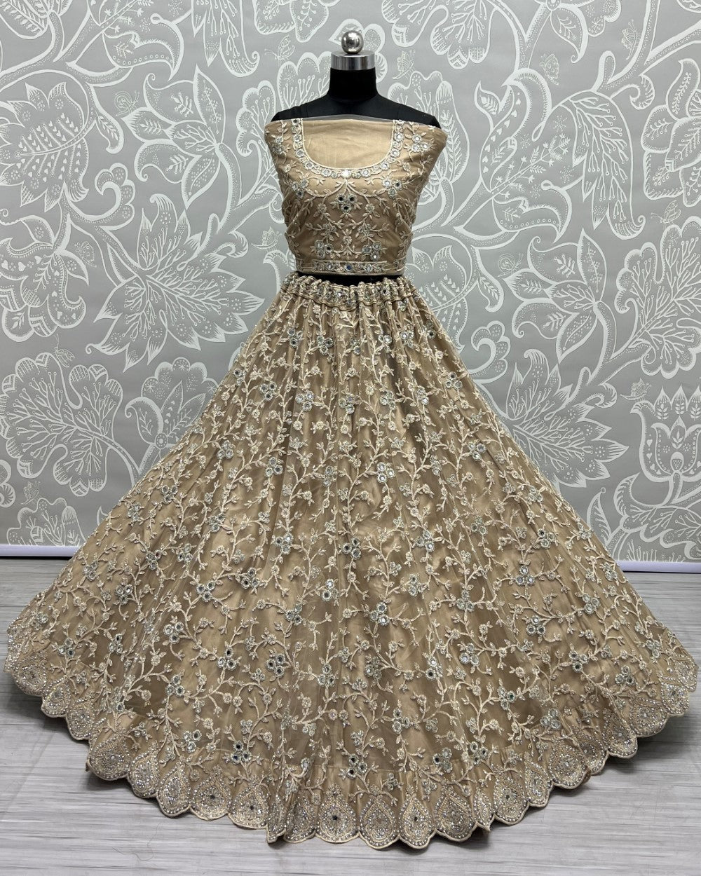 Designer Dori Embroidered Work Beige Partywear Lehengacholi