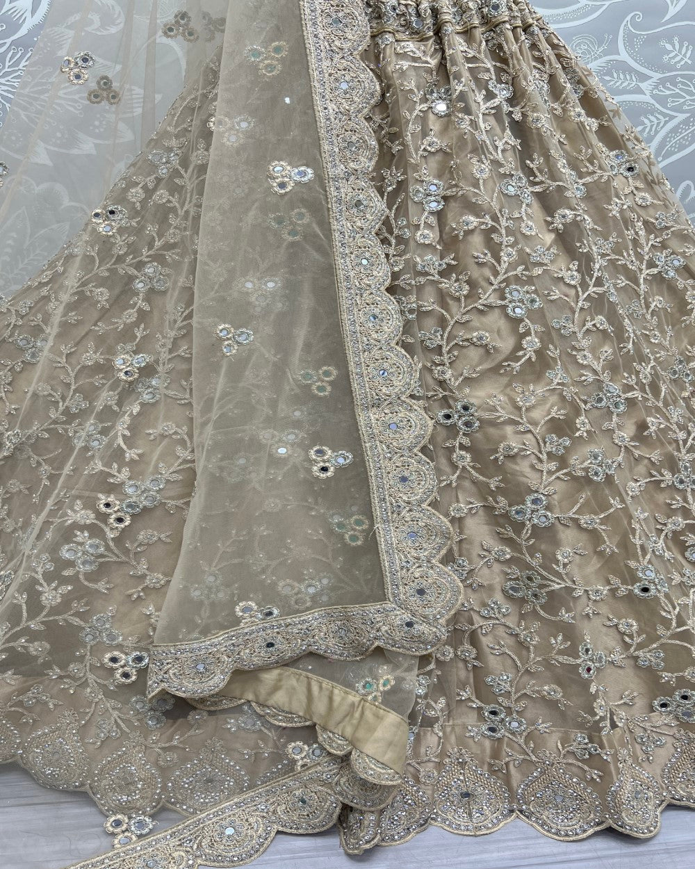 Designer Dori Embroidered Work Beige Partywear Lehengacholi