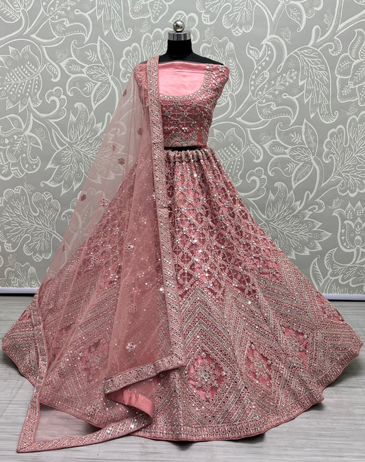 Heavy embroidery with mirror work designer Pink Lehengacholi