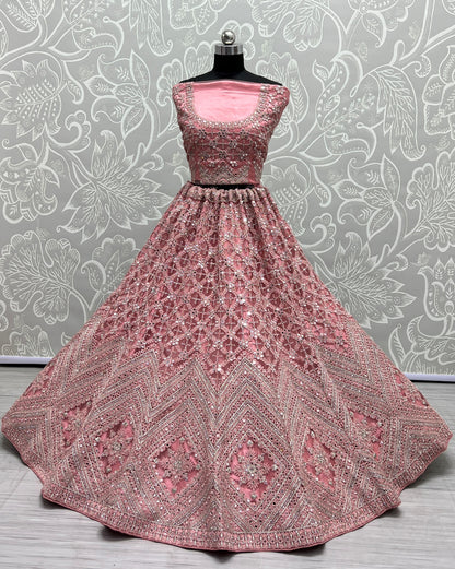 Heavy embroidery with mirror work designer Pink Lehengacholi