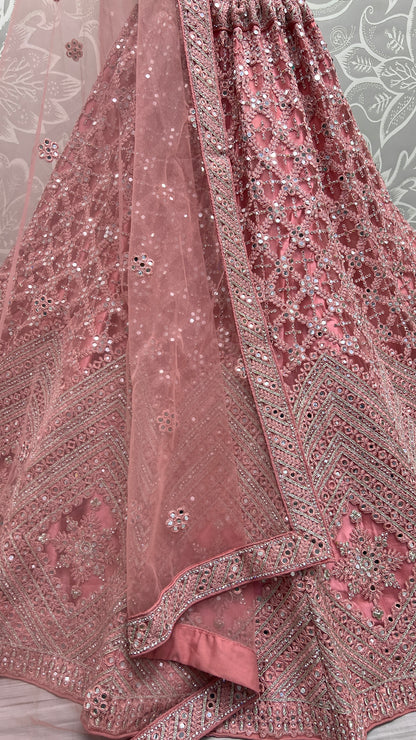 Heavy embroidery with mirror work designer Pink Lehengacholi