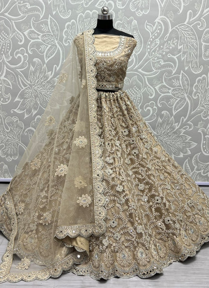 Heavy Bridal Net Embroidered Zircon diamond work Designer Beige Lehengacholi