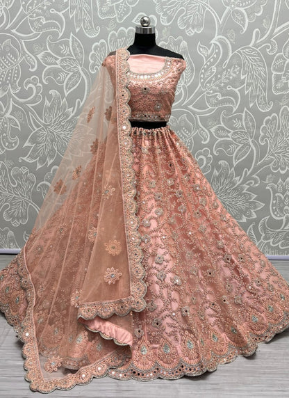 Heavy Bridal Net Embroidered Zircon diamond work Designer Peach Lehengacholi