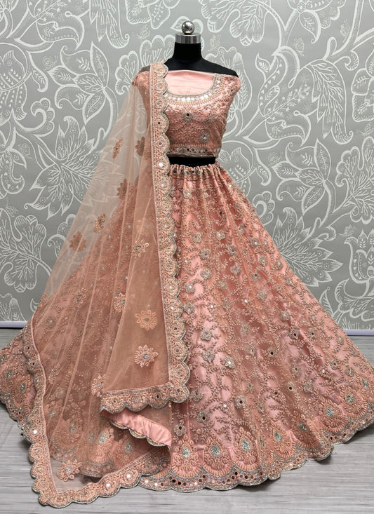 Heavy Bridal Net Embroidered Zircon diamond work Designer Peach Lehengacholi