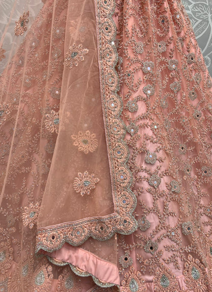 Heavy Bridal Net Embroidered Zircon diamond work Designer Peach Lehengacholi