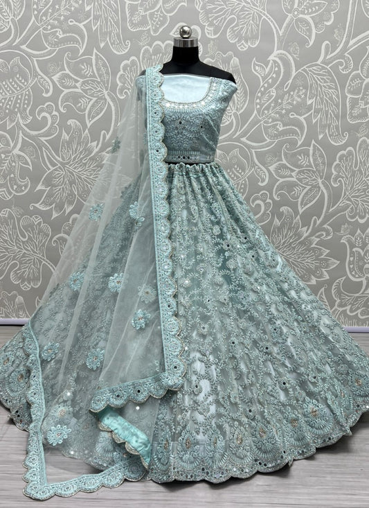 Heavy Bridal Net Embroidered Zircon diamond work Designer Sky Lehengacholi