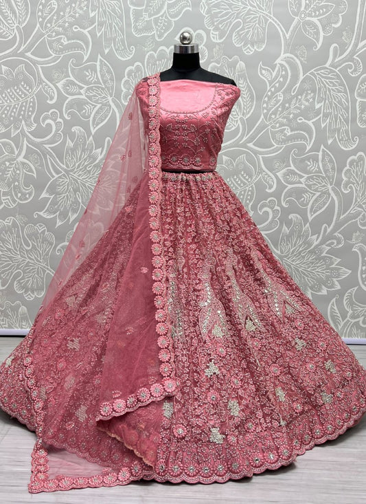 Zircon Diamond studded With Handwork Mirror attached Designer Party wear Pink Lehengacholi