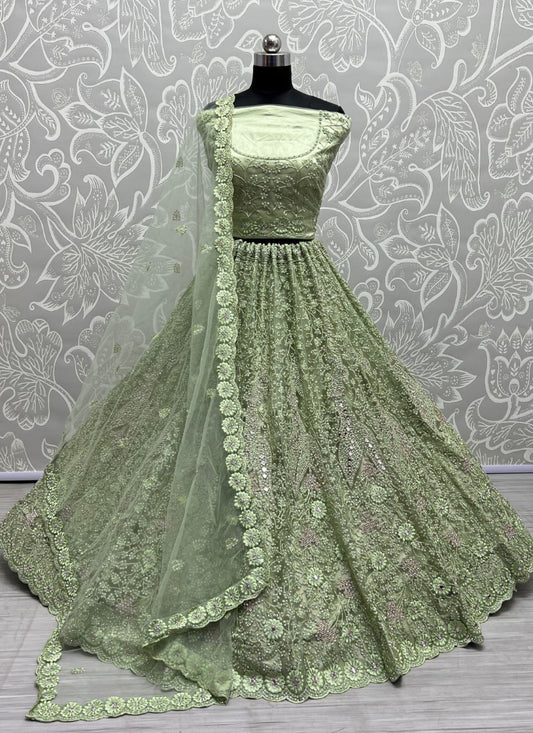 Zircon Diamond studded With Handwork Mirror attached Designer Party wear Pista Lehengacholi