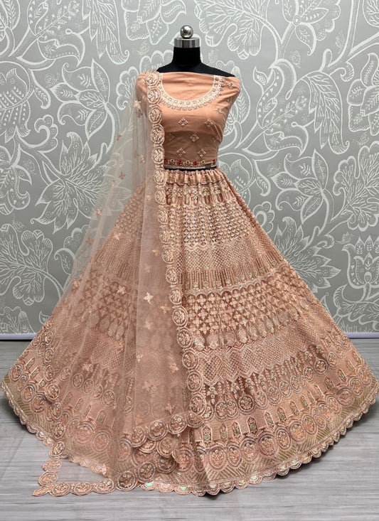 Fantastic Designed Sequins embroidered with Multi thread work partywear Peach Lehengacholi