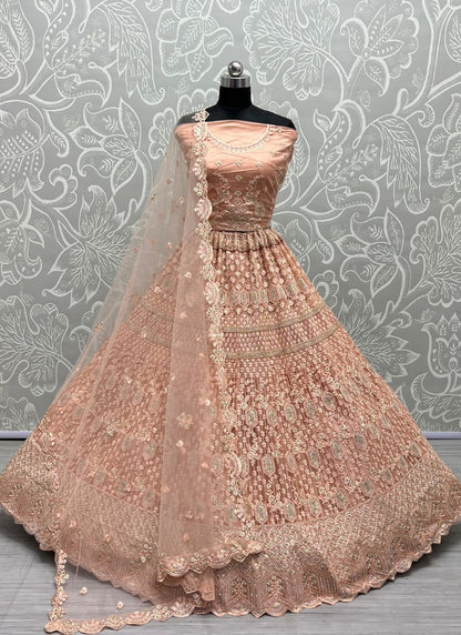 Detailed sequins Embroidery with thread work partywear Peach Lehengacholi