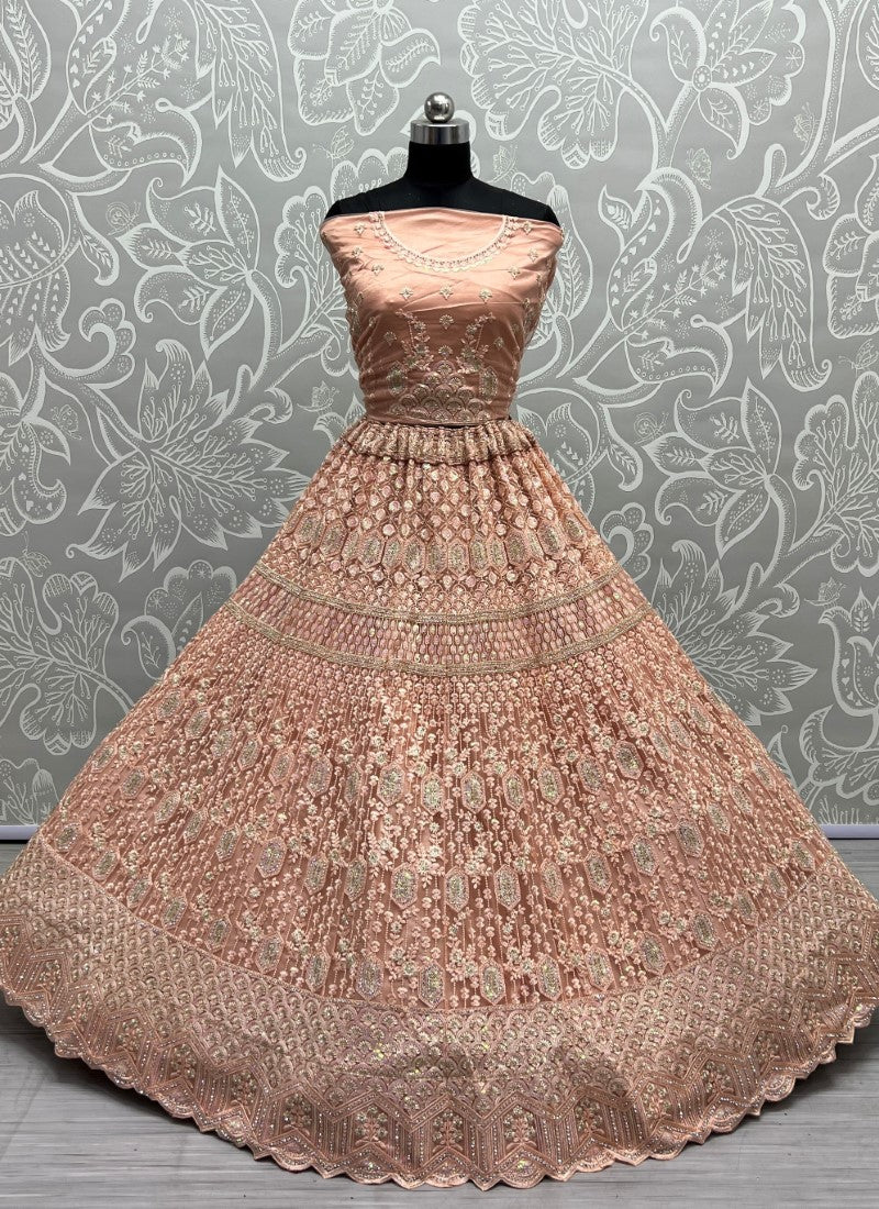 Detailed sequins Embroidery with thread work partywear Peach Lehengacholi