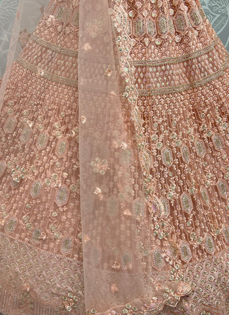 Detailed sequins Embroidery with thread work partywear Peach Lehengacholi