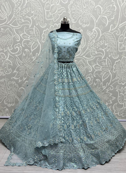 Detailed sequins Embroidery with thread work partywear Aqua Lehengacholi