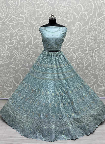 Detailed sequins Embroidery with thread work partywear Aqua Lehengacholi