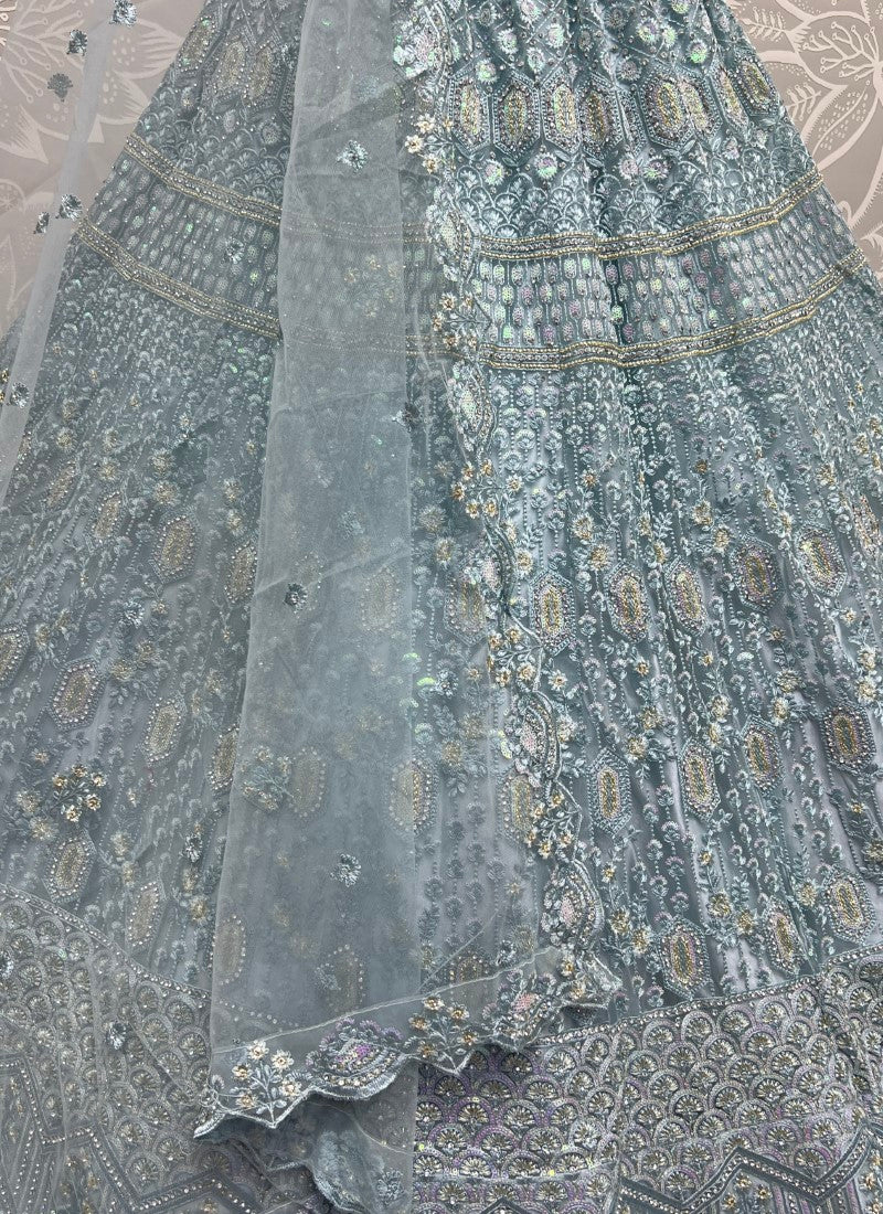 Detailed sequins Embroidery with thread work partywear Aqua Lehengacholi