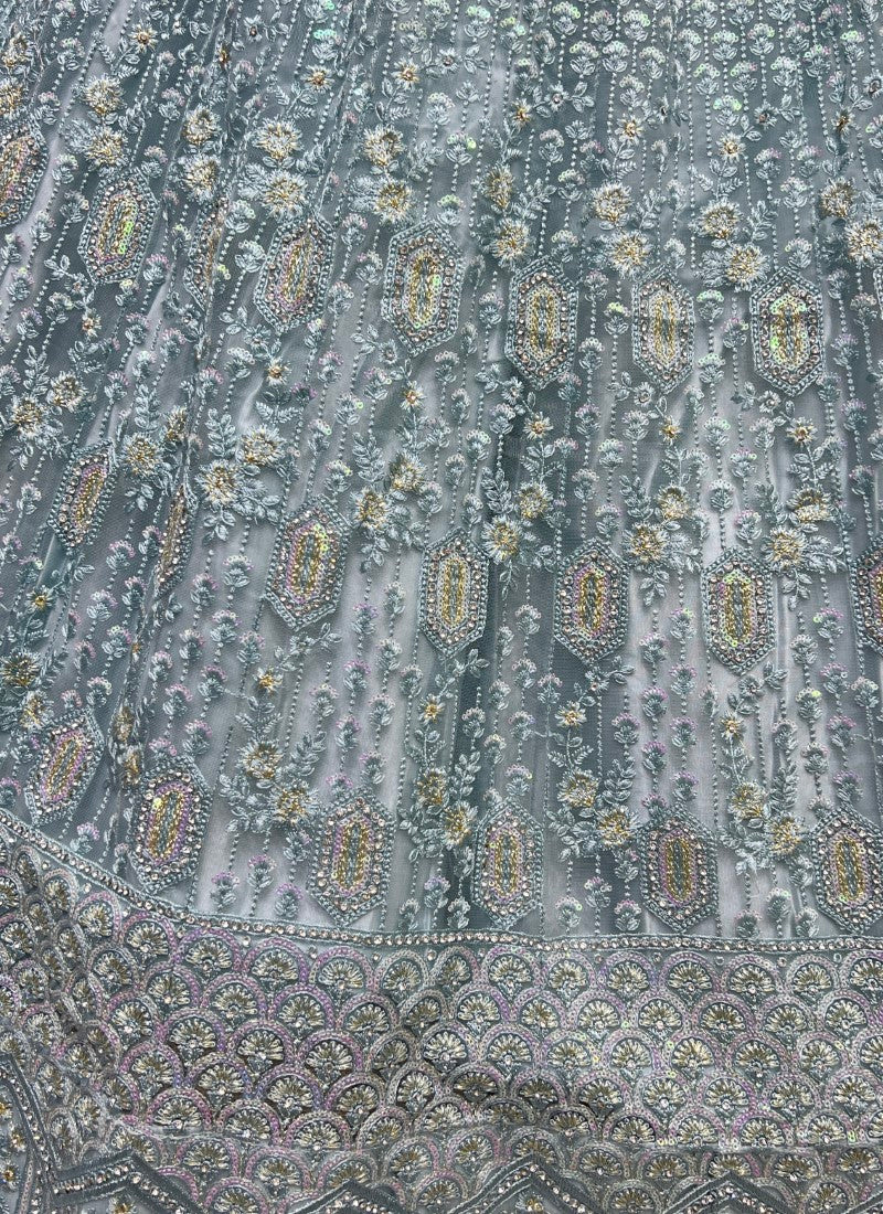 Detailed sequins Embroidery with thread work partywear Aqua Lehengacholi