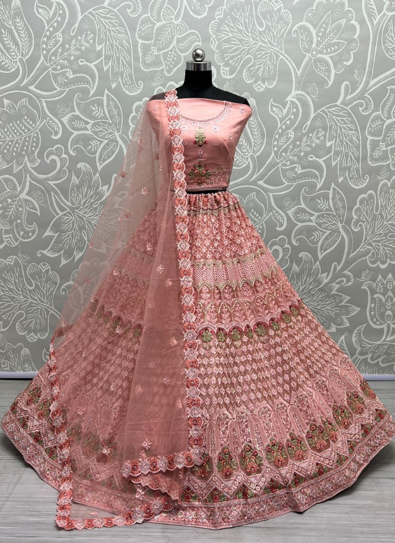 Multi Thread and Dori Combine Evergreen matching partywear Peach Lehengacholi