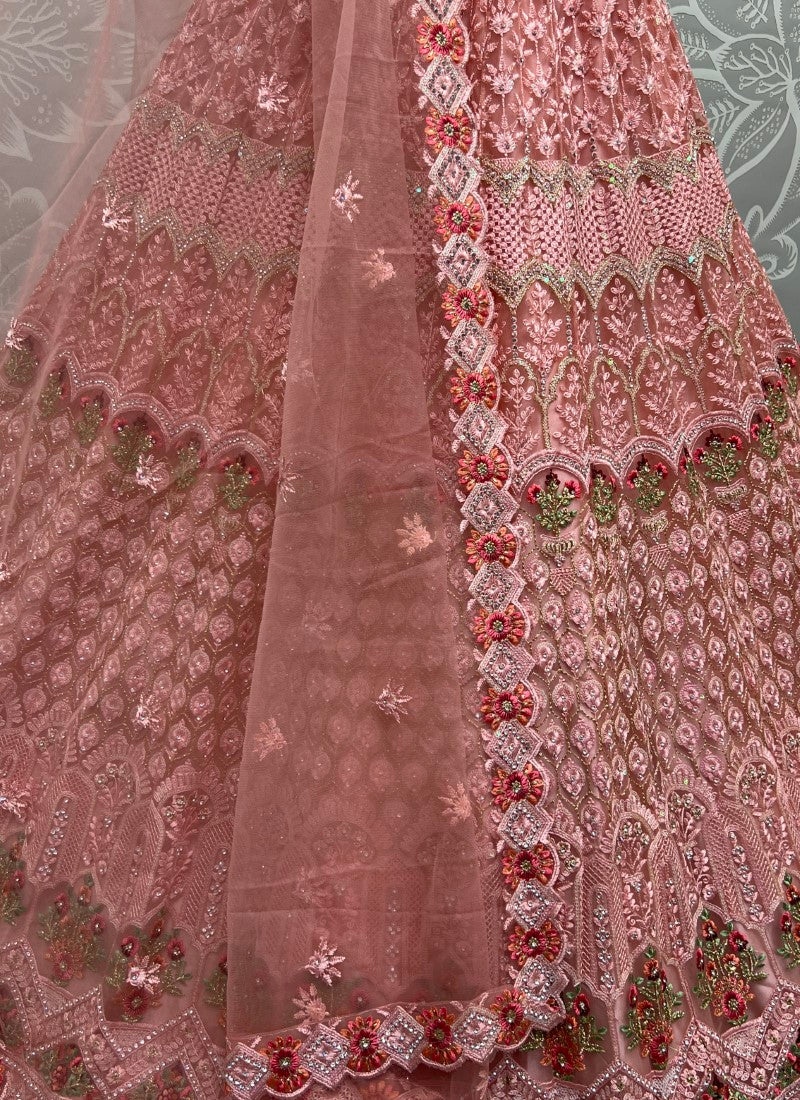 Multi Thread and Dori Combine Evergreen matching partywear Peach Lehengacholi