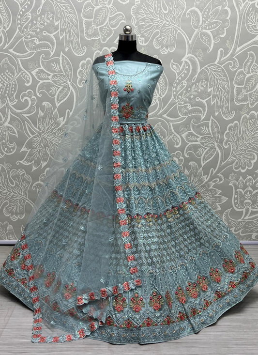 Multi Thread and Dori Combine Evergreen matching partywear Aqua Lehengacholi