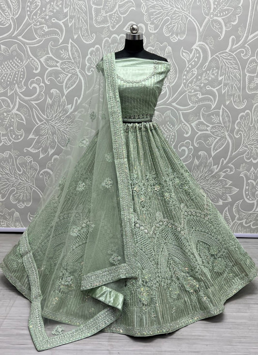 Rainbow sequins Flower Pattern Net Party Wear Pista Lehengacholi