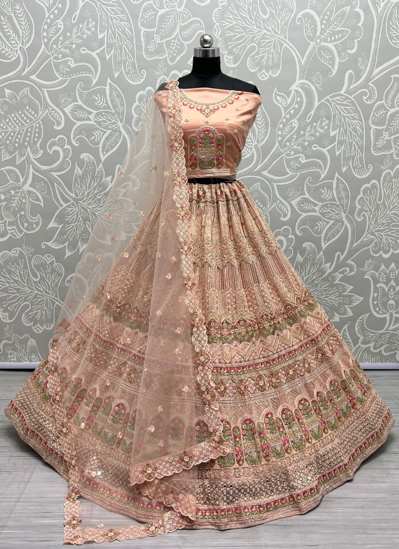 Hand Mirror Craft Multi Thread work Designer Partywear Peach Lehengacholi