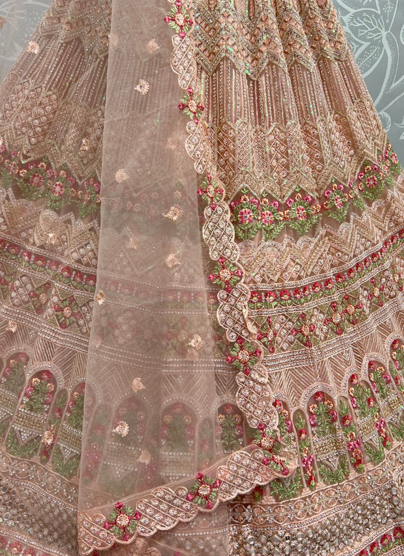 Hand Mirror Craft Multi Thread work Designer Partywear Peach Lehengacholi