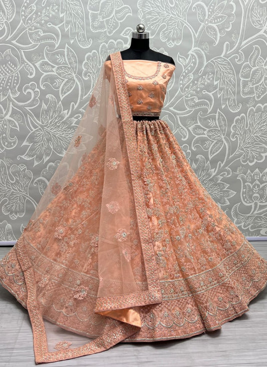 Fantastic Net Embroidered Designer Partywear Peach Lehengacholi