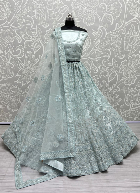 Fantastic Net Embroidered Designer Partywear Cyan Lehengacholi